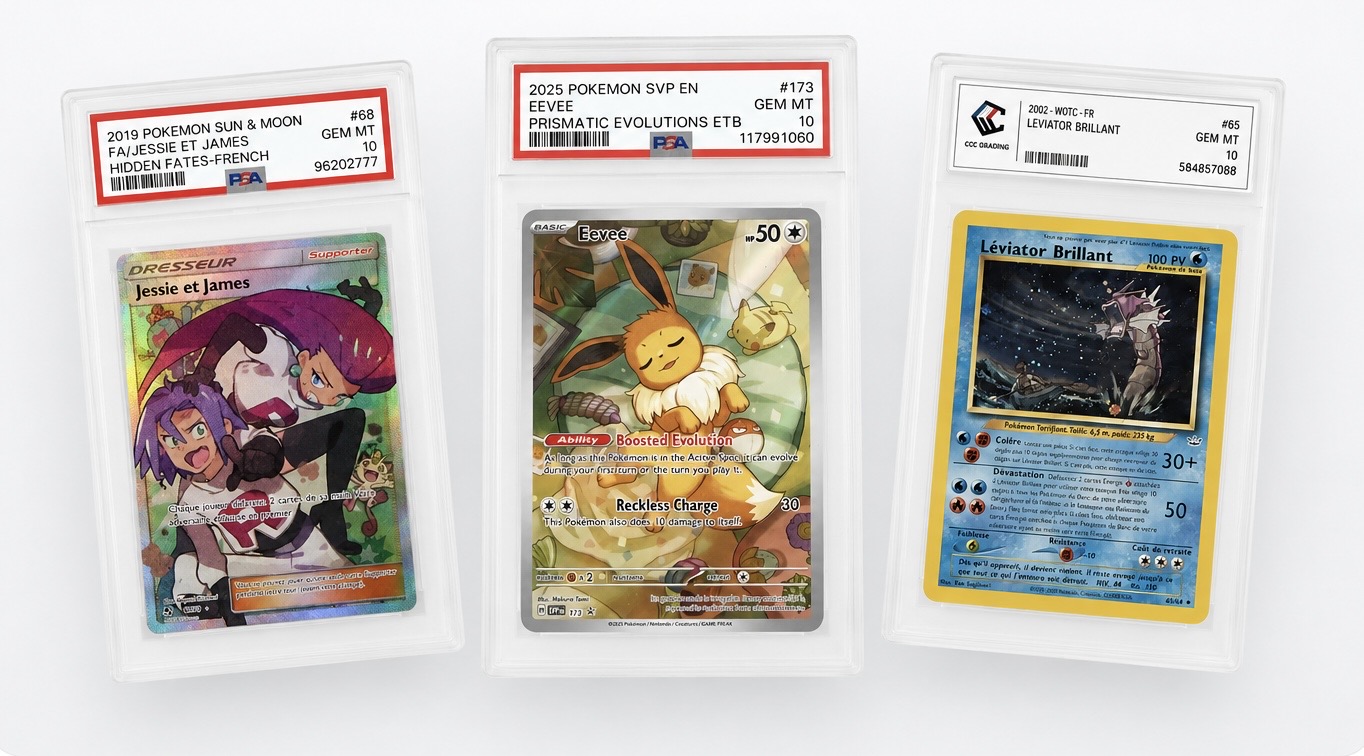 Three professionally graded collectible trading cards presented in a light studio setting